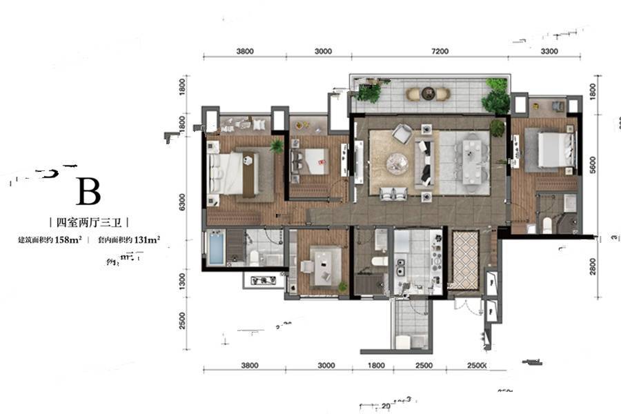 金辉长江铭著b户型建面158㎡