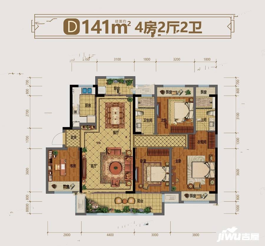 贵港新城吾悦广场贵港新城吾悦和府d户型 4房2厅2卫 建面约141㎡