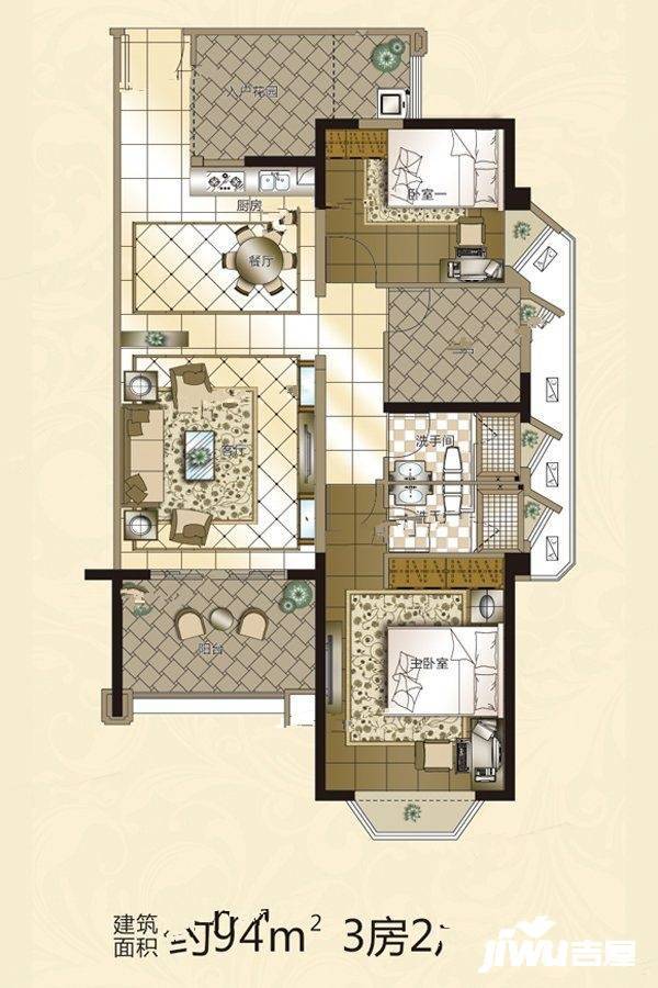 中山鼎威花园94㎡户型户型图_首付金额_3室2厅2卫_94.0平米 吉屋网