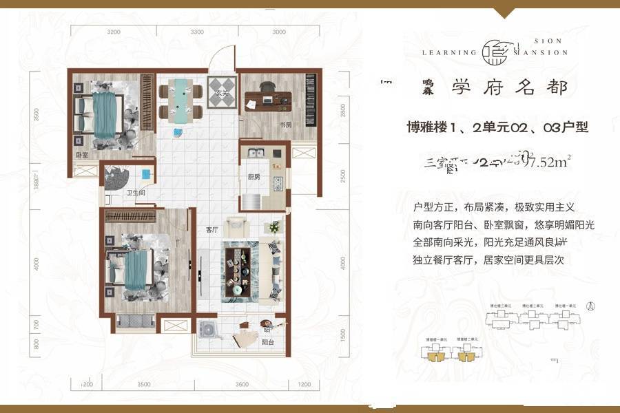 仙桃鸣森学府名都博雅楼1,2单元02,03户型户型图_首付