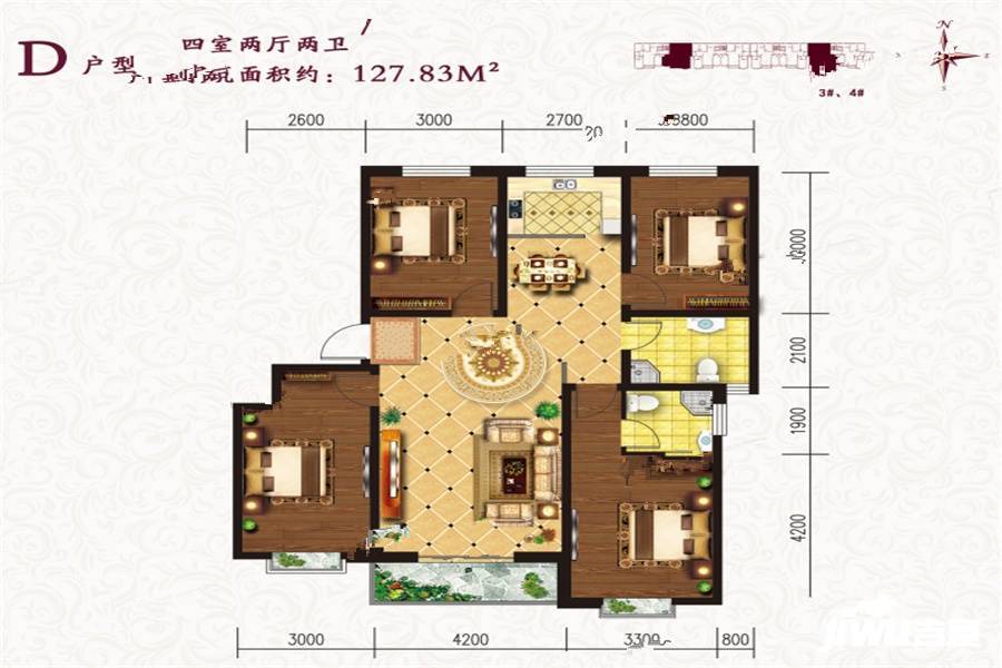 石家庄悦庭雅苑3#4#d户型户型图_首付金额_4室2厅2卫