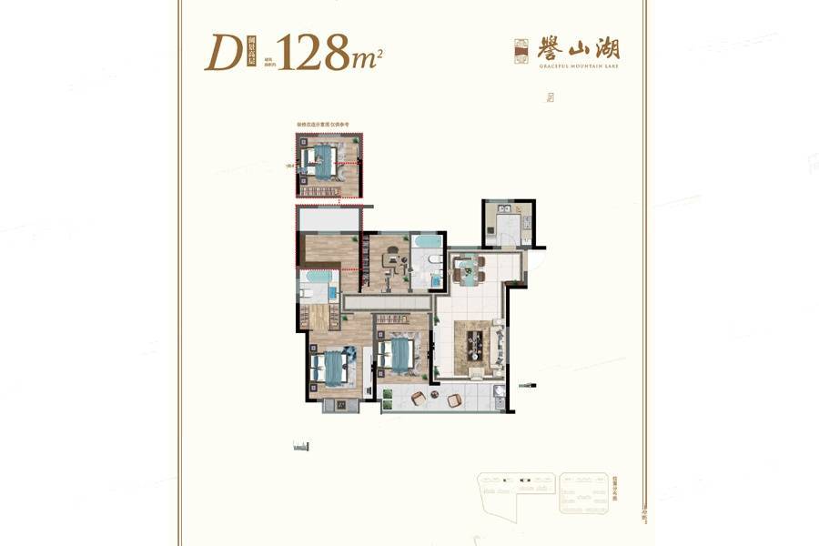 宁波奥园誉山湖一期d户型128平户型图_首付金额_4室22