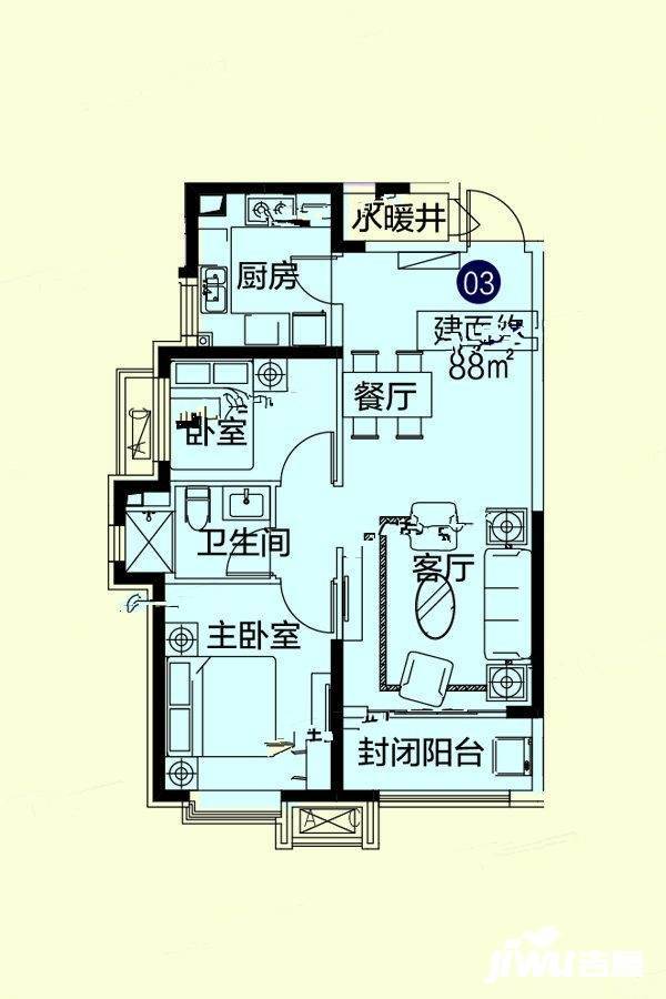 哈尔滨恒大悦府52#03门户型图_首付金额_2室2厅2卫_88.0平米 吉屋网