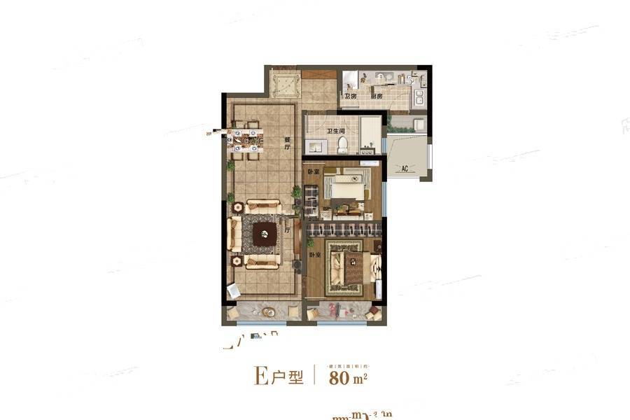 郑州龙湖天宸原著e户型户型图_首付金额_2室2厅2卫_80.0平米 吉屋网