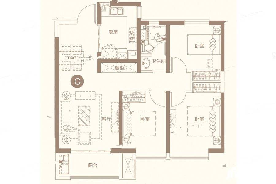 邯郸美的花溪谷高层 c户型户型图_首付金额_3室2厅2卫