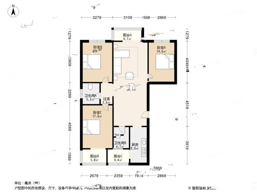 石家庄鑫界王府鑫界王府3居室户型图户型图_首付金额