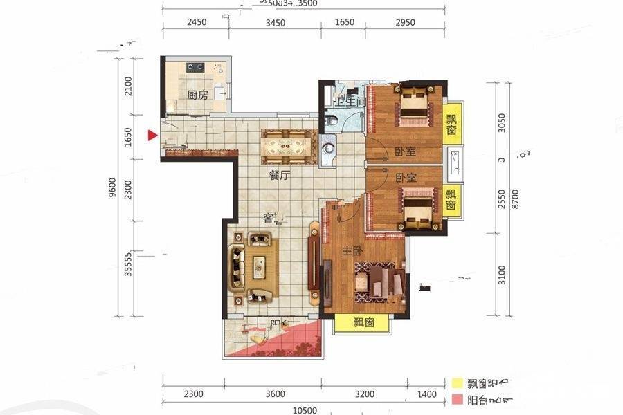 中惠松湖城3室2厅1卫90㎡户型图