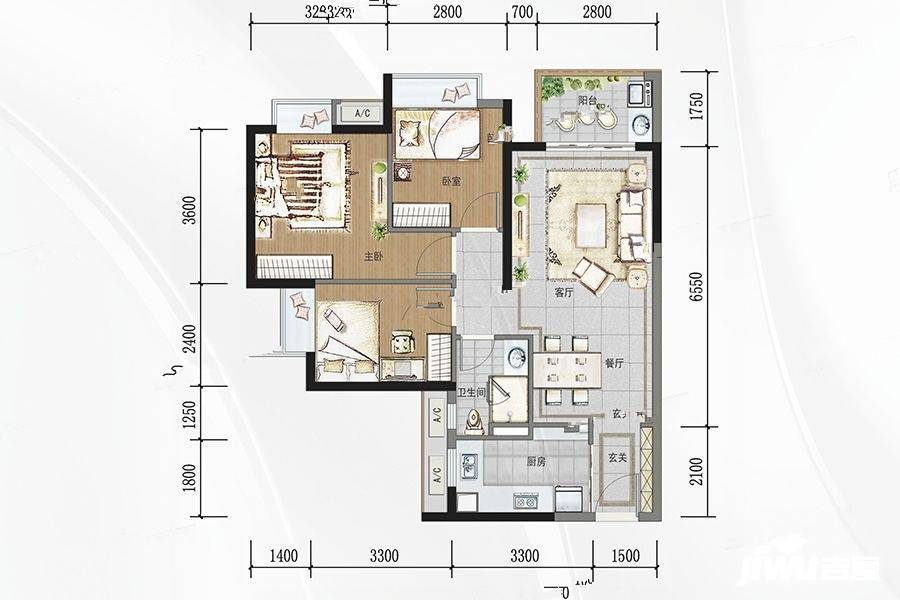 安华香蜜松湖3室2厅1卫85㎡户型图