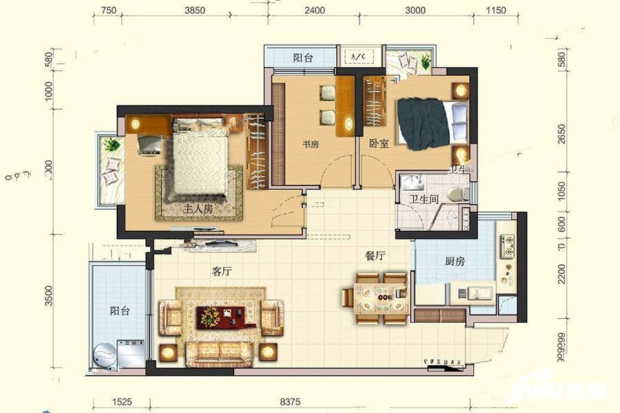 松湖溪岸3室2厅1卫89㎡户型图