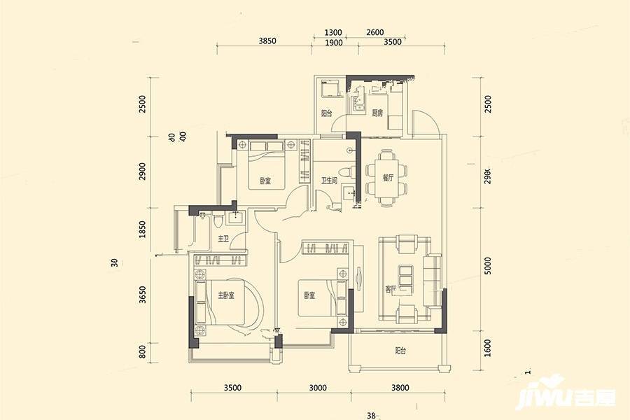 香缤1号3室2厅2卫106㎡户型图