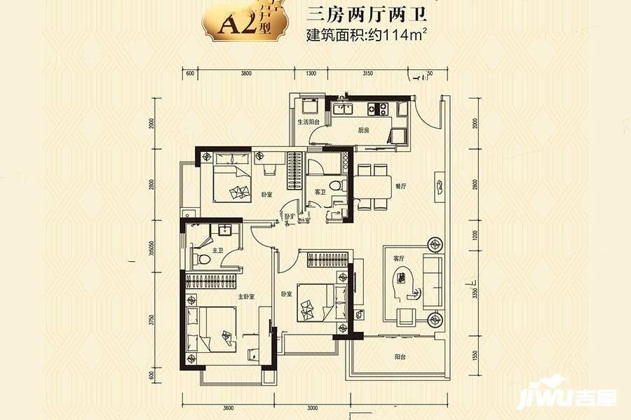 珑远翠珑湾3室2厅2卫114㎡户型图