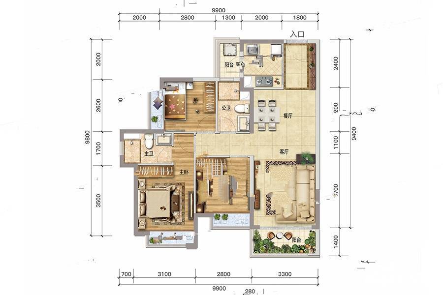 虎门玺悦会3室2厅2卫95㎡户型图