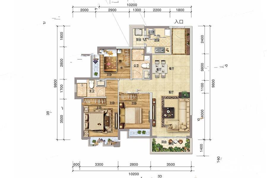 虎门玺悦会3室2厅2卫102㎡户型图