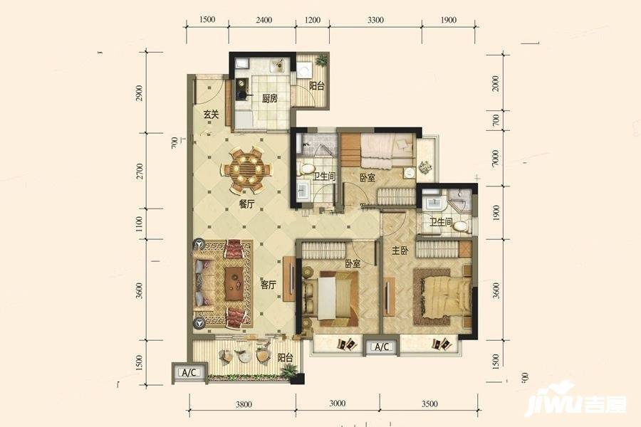 海德骏园二期3室2厅2卫104㎡户型图