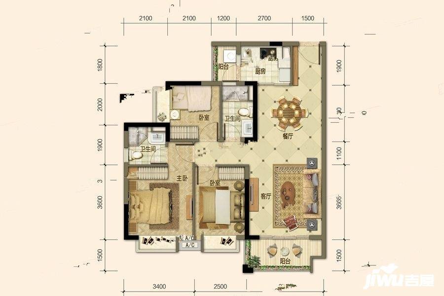 海德骏园二期3室2厅2卫96㎡户型图