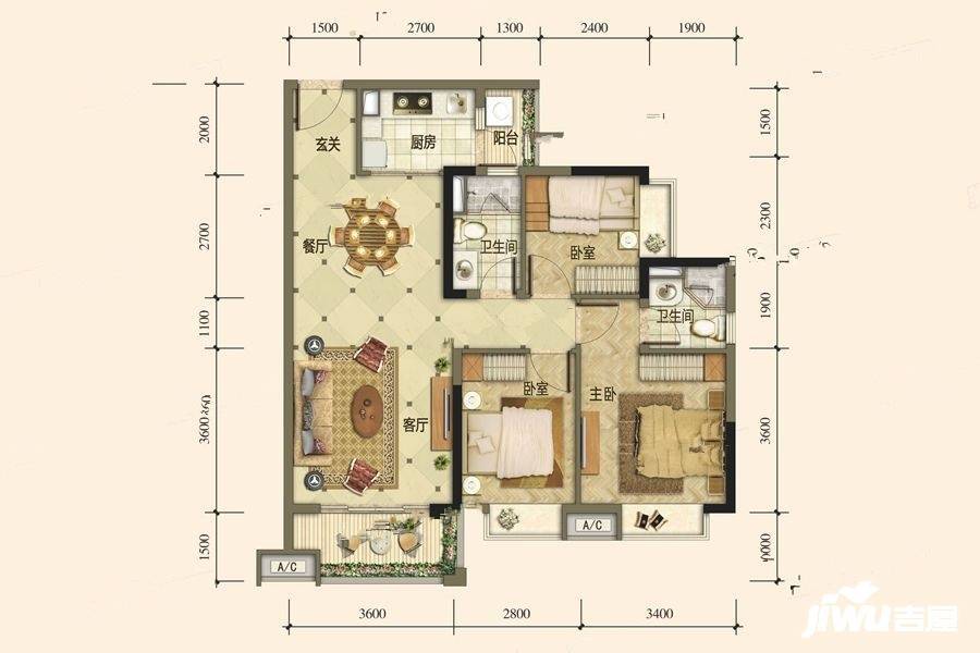 海德骏园二期3室2厅2卫97㎡户型图