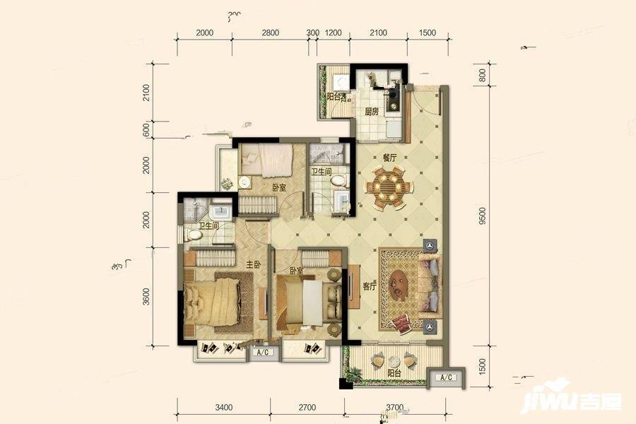 海德骏园二期3室2厅2卫97㎡户型图