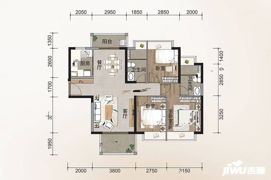 中洲里程花园3室2厅2卫106㎡户型图