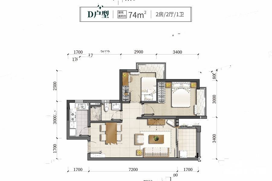 虎门君悦东方2室2厅1卫74㎡户型图