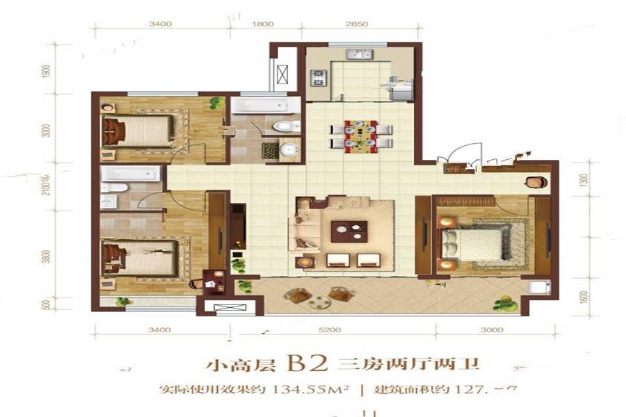 悦府3室2厅2卫122.7㎡户型图