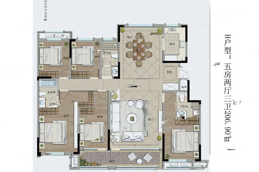 恒信绿城春风江南5室2厅3卫206.9㎡户型图
