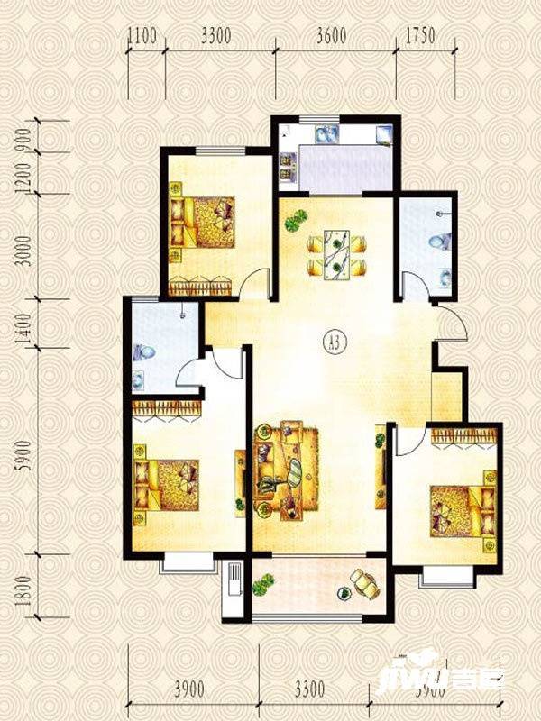 山水圣城3室2厅2卫138.6㎡户型图