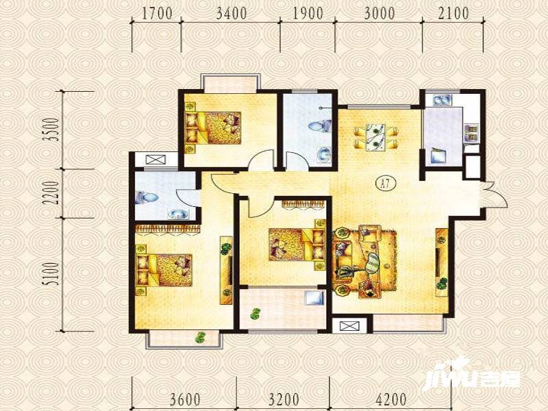 山水圣城3室2厅2卫144.3㎡户型图