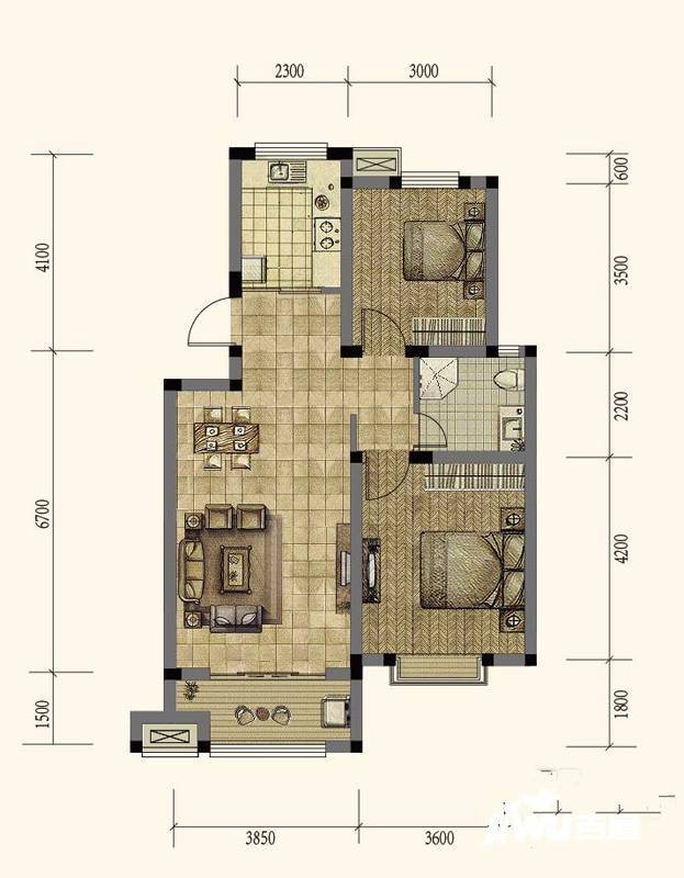 泰华城大益华府2室2厅1卫84㎡户型图