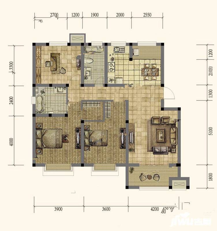 泰华城大益华府3室2厅2卫126㎡户型图