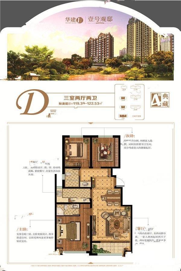 华建1街区写字楼3室2厅2卫119.4㎡户型图