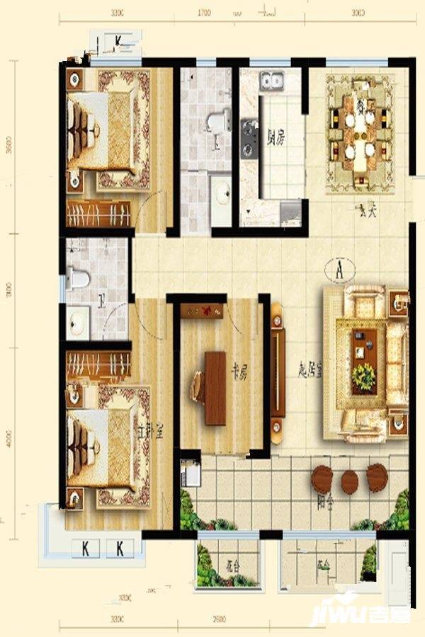 万城花开3室2厅2卫130㎡户型图