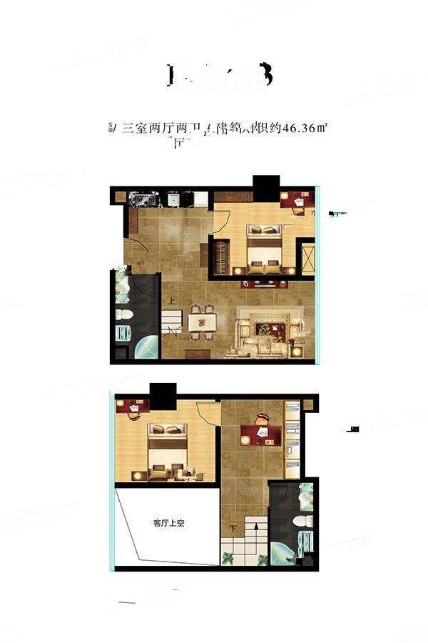 菏泽佳和广场3室2厅2卫46.4㎡户型图