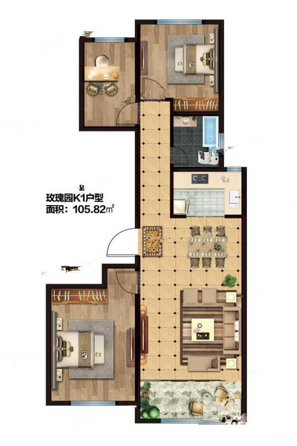 中居合园3室2厅1卫105.8㎡户型图