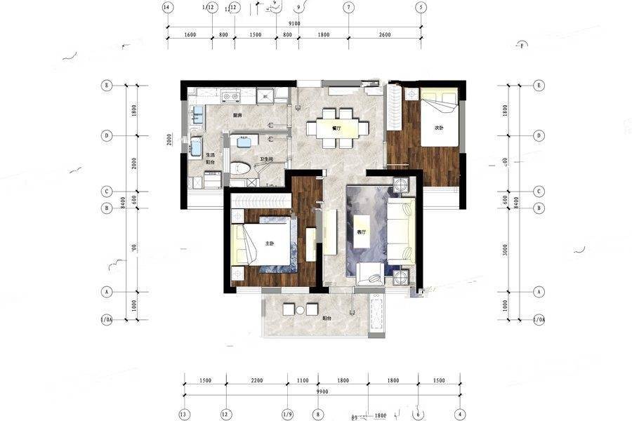 圣骊河滨苑2室2厅1卫87㎡户型图