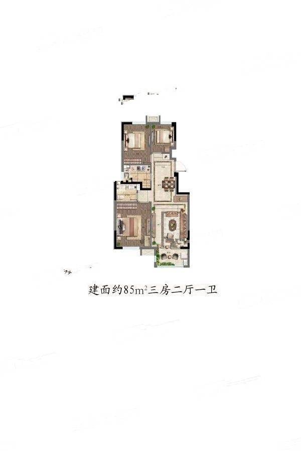 上海院子3室2厅1卫85㎡户型图