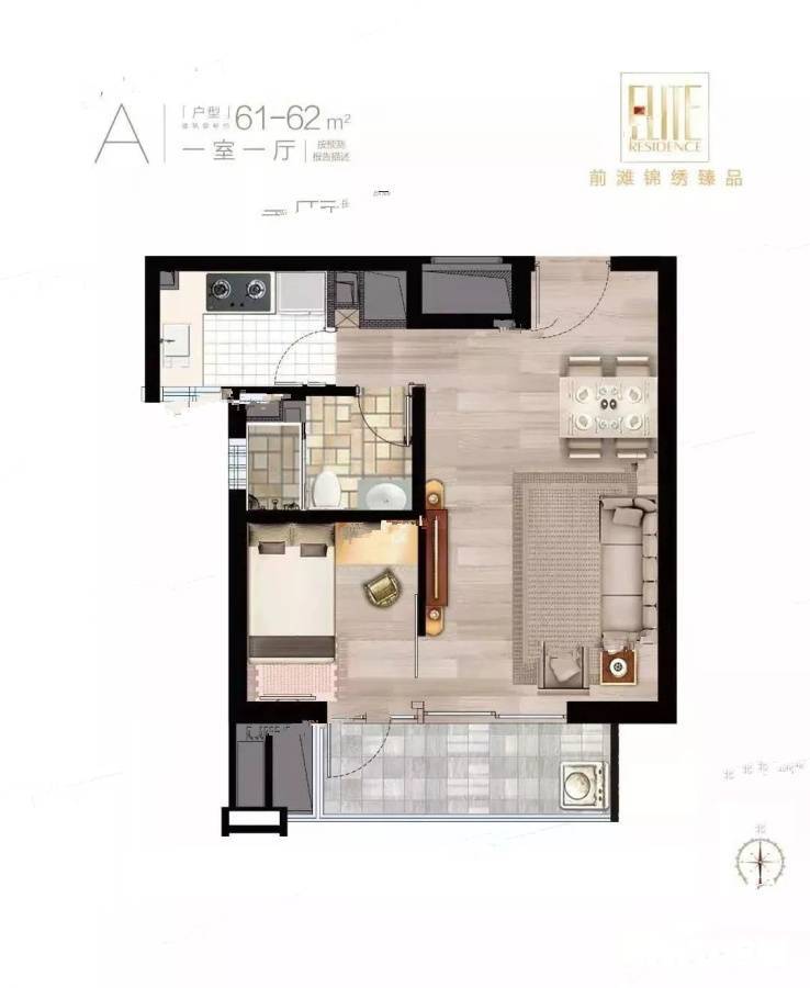 前滩江悦名庭1室1厅1卫61㎡户型图