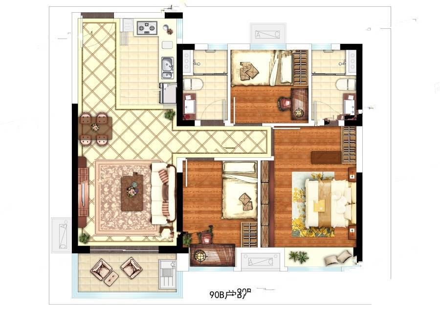 碧桂园凤凰城3室2厅2卫95㎡户型图