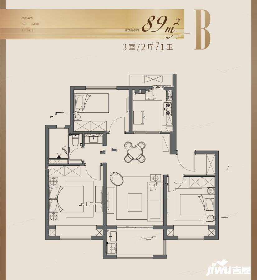 大华朗香瑧园3室2厅1卫89㎡户型图