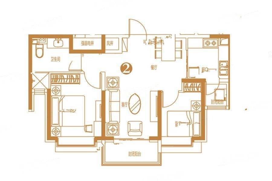 恒大城2室2厅2卫116㎡户型图
