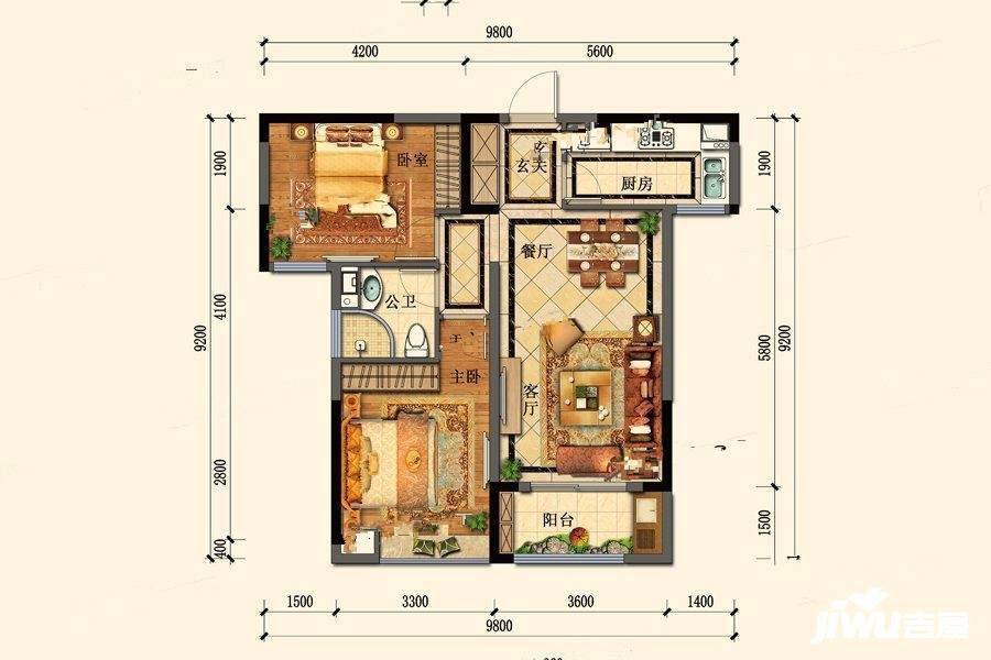 绿城诚园2室2厅1卫93.7㎡户型图