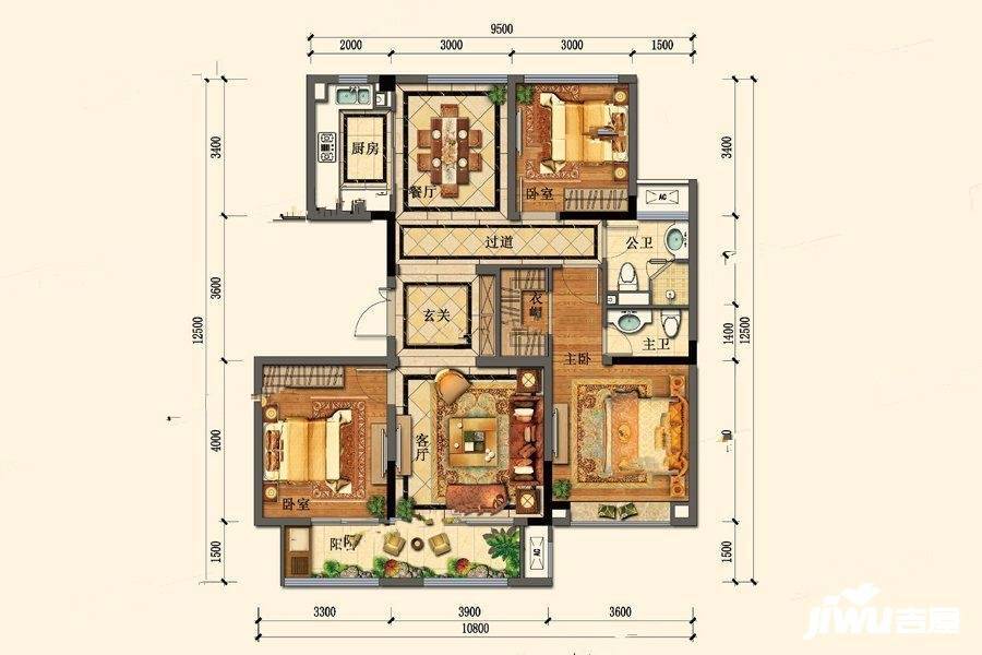 绿城诚园3室2厅2卫130.1㎡户型图