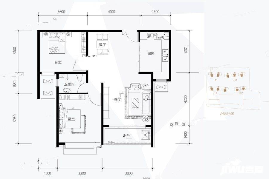 时代广场2室2厅1卫92㎡户型图