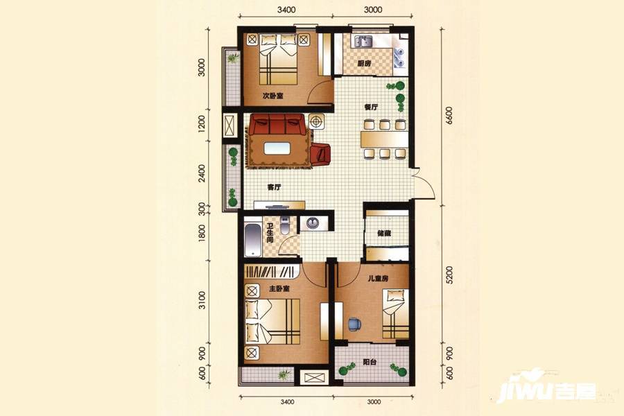 尚東城3室2厅1卫98.3㎡户型图