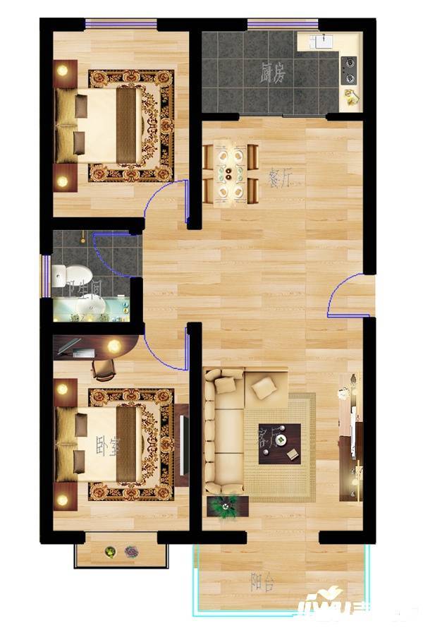 鑫科状元城2室2厅1卫85㎡户型图