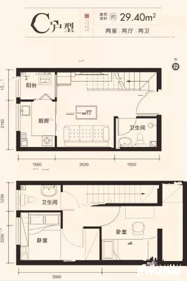 名门檀香小镇2室2厅2卫29.4㎡户型图