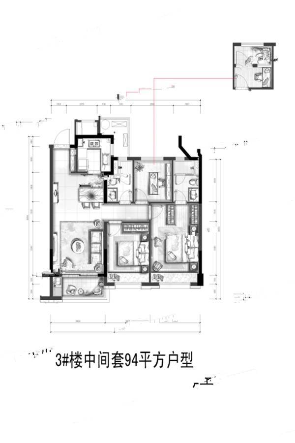 华润置地金悦澜湾3室2厅2卫94㎡户型图