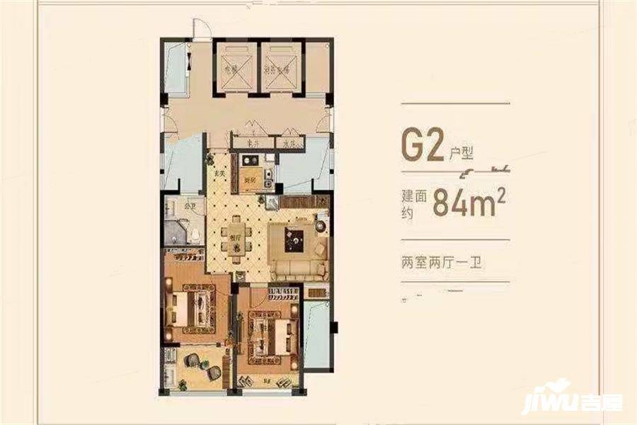 梅里达花园岸上阳光2室2厅1卫84㎡户型图