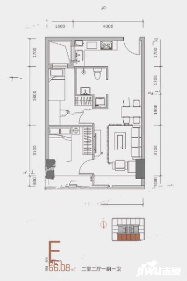 临沂中心2室2厅1卫66.1㎡户型图