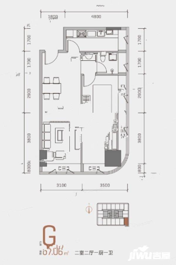 临沂中心2室2厅1卫87.1㎡户型图