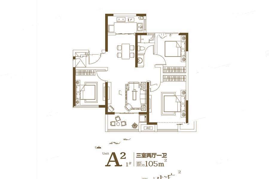 科技佳苑3室2厅1卫105㎡户型图